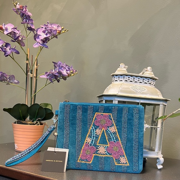 America & Beyond Handbags - America & Beyond Velvet “A” Embellished Initial Wristlet  🩷